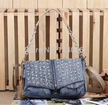 2014 new arrival women’s vintage casual fashion denim handbag diamonds one  shoulder bag female jean women messenger bags