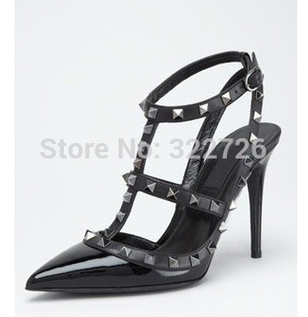 Best Quality Rivet Shoes Rockstud high heel customised shoes all black fashion punk shoes free shipping