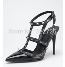 Best Quality Rivet Shoes Rockstud high heel customised shoes all black fashion punk shoes free shipping
