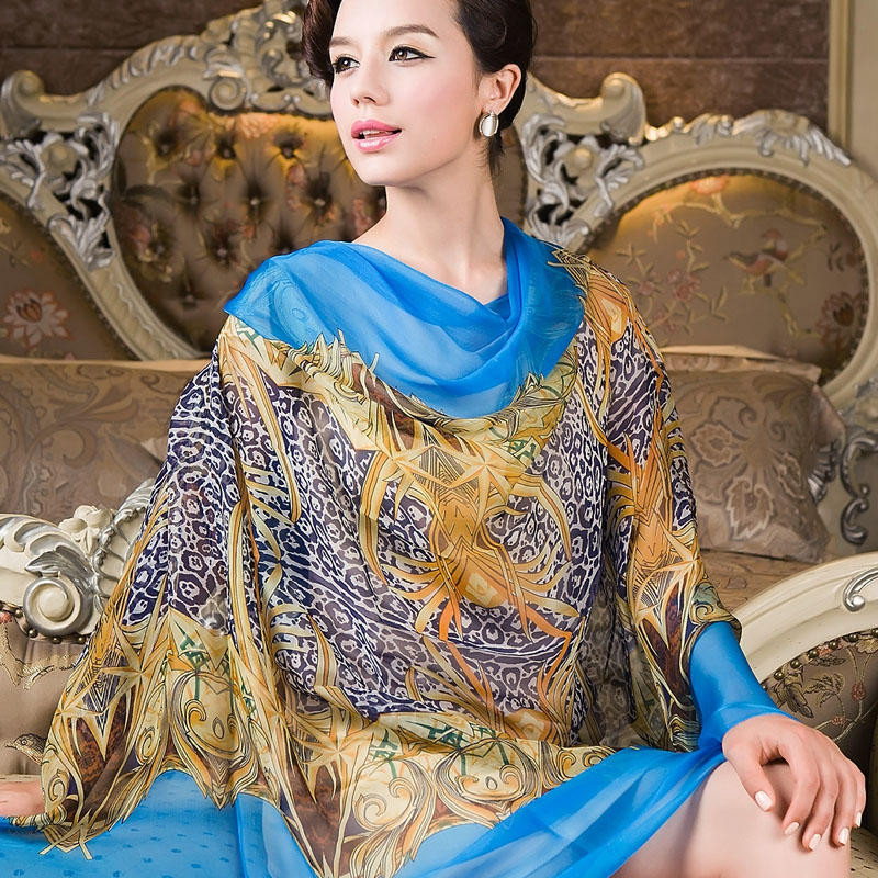 2015 Spring Autumn Female Long Silk Scarf Shawl Printed Hot Sale Blue Silk Scarf Wraps Women All-match Pure Silk Chiffon Scarves
