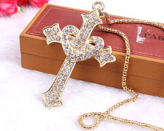 Strass heart cross long necklace pendant gothic jewelry fashion necklaces for women 2014 collier femme crucifixo