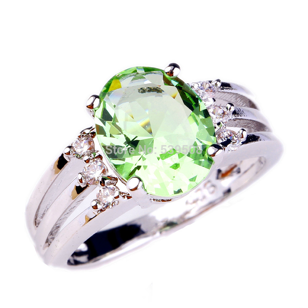 Fashion Unisex Glittering Jewelry Oval Cut Green Amethyst White Sapphire 925 Silver Ring Size 6 7