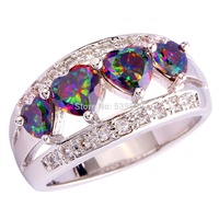 Wholesale Romantic Lovely Heart Cut Mystic Rainbow & White Sapphire 925 Silver Ring Size 6 7 8 9 10 11 12 Free Shipping