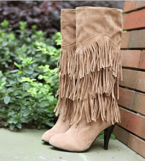New Spring Models Female High heeled Boots Women Fringed Boots High top boots sexy legs Botas