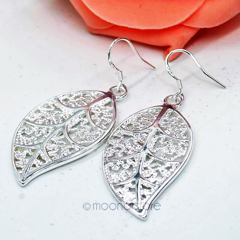 New 2015 925 Silver Earrings Sterling Silver Women Fashion Jewelry Drop Earrings Elegant Hollow Leaves Earrings