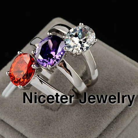 NICETER Oval Ruby Vintage CZ Diamond 4Prong Setting Antique Wedding Rings 18K White Gold Rings For