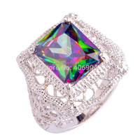Gorgeous Jewelry Wholesale Mysterious Emerald Cut Rainbow Topaz 925 Silver Ring Size 6 7 8 9 10 11 Unisex Rings Free Shipping