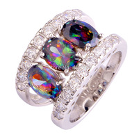 Wholesale Noble Silver Jewelry Mysterious Oval Cut Rainbow Topaz & White Sapphire 925 Silver Ring Size 6 7 8 9 Free Shipping