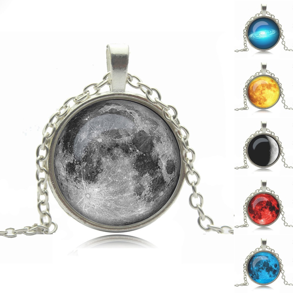 galaxy art picture glass cabochon necklace moon pendant antique silver Statement Necklaces Pendants Fashion Jewelry