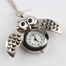Cute Night Owl Vintage Pocket Watch Pendant Long Necklace Thick Wing P26