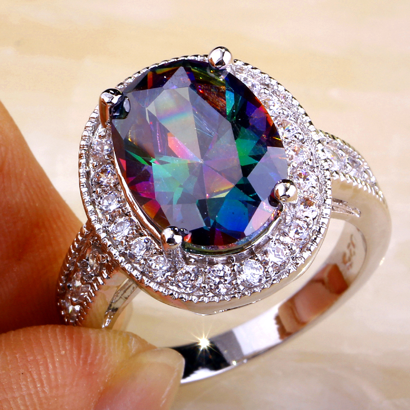 2015Classic Style Mysterious Fashion Rainbow Topaz Stone 925 Silver Ring Size 7 8 9 10 11