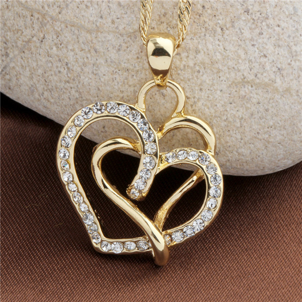 2015 hot sale fashion rose gold and silver plated double crystal love pendant necklace bijoux femme