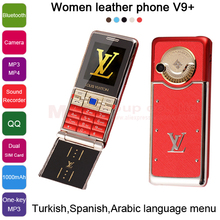 flip Luxury women gilr Metal back Cover leather case 1.3MP Camera one-key MP3/MP4 FM Radio mini Cell mobile Phone V9+ P66