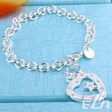 Free shipping fashion silver jewelry crystal love star  925 silver bracelet