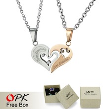 OPK COUPLE JEWELRY love heart pnedants necklace for lover inlaid rhinestone CZ. rose gold Stainless Steel free shipping 537