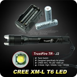 TrustFire Diving J2 CREE XML T6 4-Mode 1000 Lumens Diver Diving LED Flashlight with Battery and Charger (2x18650)+Retail Box(China (Mainland))