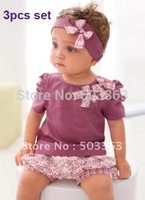 1 sets AMISSA (pink butterfly headband+top+lace pants )3pcs Baby Clothing Set Baby Clothes