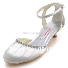 Free Shipping by DHL 90729 White Round Toe Rhinestone Ankle Strap Low Cone Heel Pleated Satin Wedding Shoes