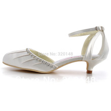 Elegantpark 90729 White Round Toe Rhinestone Ankle Strap Low Cone Heel Pleated Satin Wedding Shoes