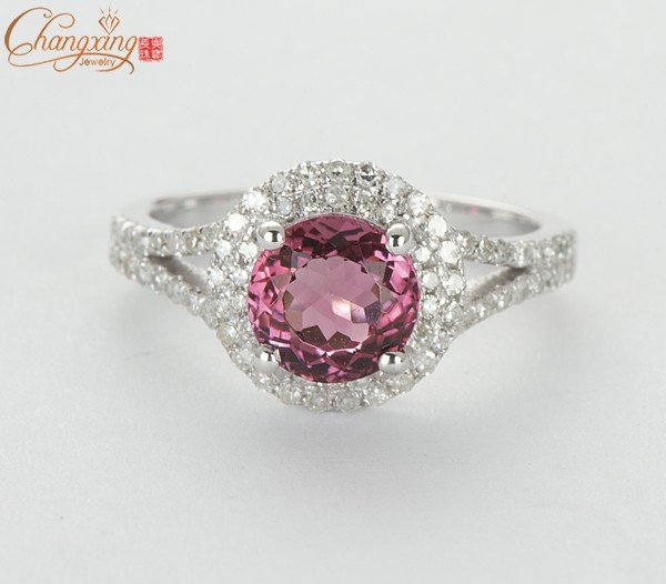 NEW!! SOLID 14KT WHITE GOLD NATURAL IF PINK TOURMALINE & DIAMOND ENGAGEMENT RING(China (Mainland))