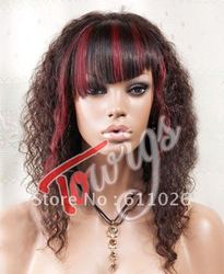 Hot Sale 16 inch #2 Curly With Fringe #2 Highlight #99J Brazilian remy hair full lace wig(China (Mainland))
