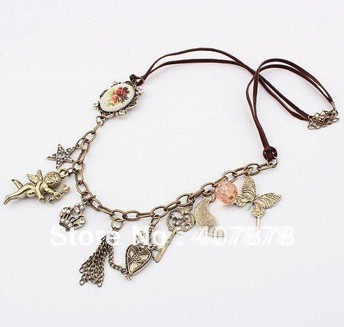 New Arrival vintage Style Bronze Cupid Key Star Butterfly Crown Flower Lovely Necklace