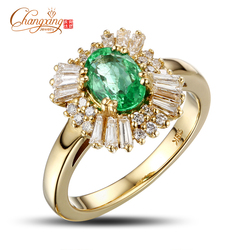 SOLID 18k Yellow GOLD NATURAL 1.22ct EMERALD 0.80ct Round & Baguette Cut DIAMOND ENGAGEMENT RING Free Shipping Wholesale Jewelry(China (Mainland))