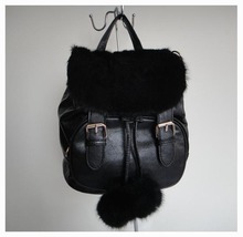 Hot sale stylish ladies Backpacks lady s bags 26 x 26cm black PU rabbit fur 4