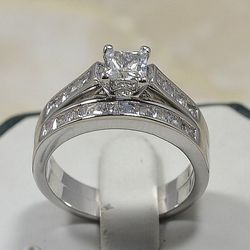 Fashion jewelry CZ Rhodium PLD Princess Cut Bridal Wedding Engagement Ring Set R345(China (Mainland))