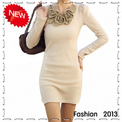 2013Hot Fashion Ladies Long Sleeve Floral Decration O-Neck Tunic Mini Slim OL Wraps Hip Pencil Dress Casual Dresses E0896(China (Mainland))