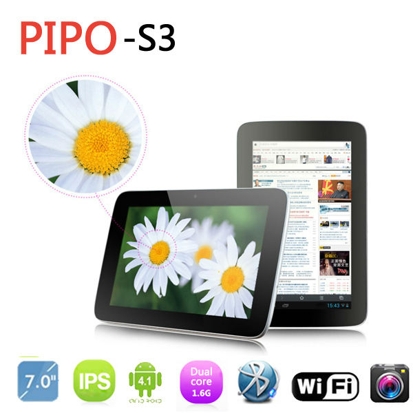 Cheap 7'' PIPO S3 Dual Core Tablet PC Android 4.1 RK3066 IPS 1024*600 1.6GHz 1GB RAM 8GB Nand flash Dual camera Bluetooth(China (Mainland))
