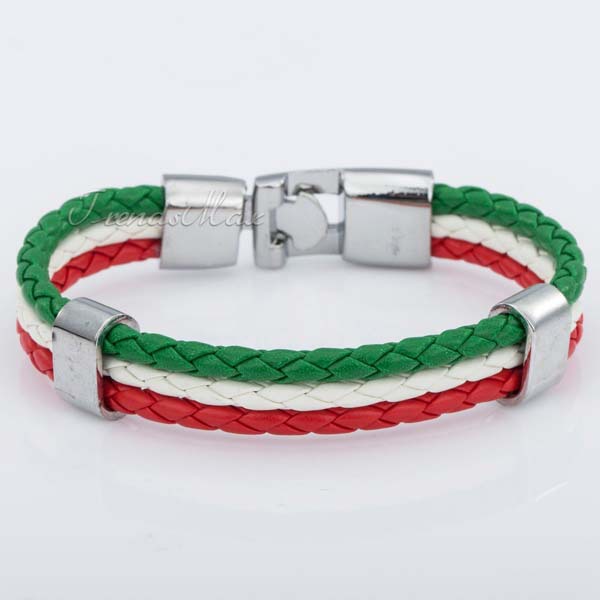 12mm Customized Italy Italian Flag Style Rope Surfer Leather Bracelet Wristband Wholesale Fashion MENS Womens Jewelry