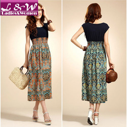 2013 New Arrival Fashion Women Long Print Floral Patchwork Summer Dress Sleeveless Chiffon Blue Orange Dresses Free Szie 12052(China (Mainland))