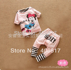 Hot Sale New Fashion Boys Grils Set 2pcs Short Sleeves Cartoon Minnie Mouse T-shirt + Stripes Print Pants Kids Suit(China (Mainland))
