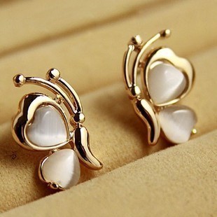 Free shipping 2014 Fashion gem peach heart butterfly stud earrings female