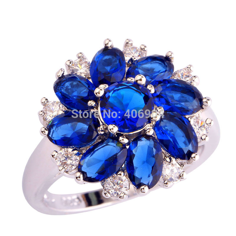 Women Cluster Sapphire Quartz White Topaz 925 Silver Ring Jewelry Size 6 7 8 9 10