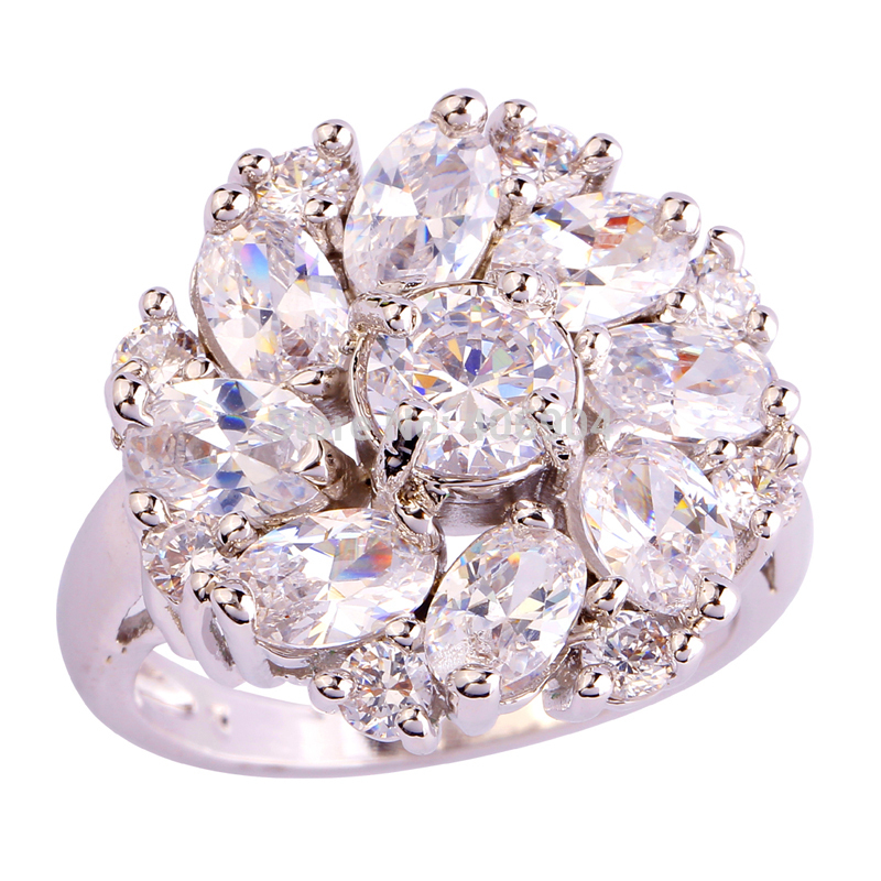 Women Wedding Cluster Design Shiny White Topaz 925 Silver Ring Size 6 7 8 9 10