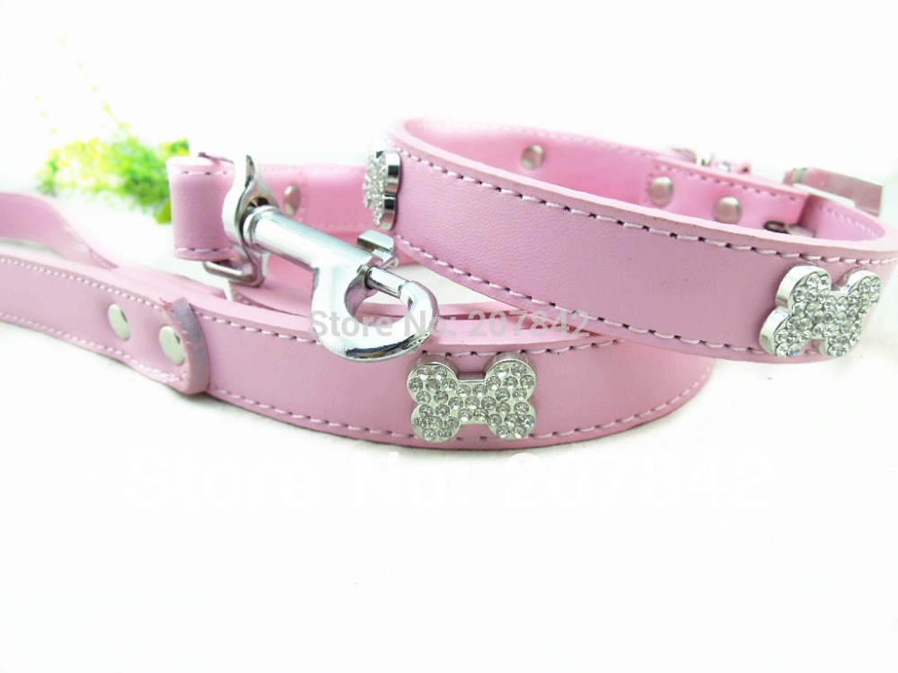 Rhinestone Pendent Charm PU Leather Dog Collar And Matching Leash ...