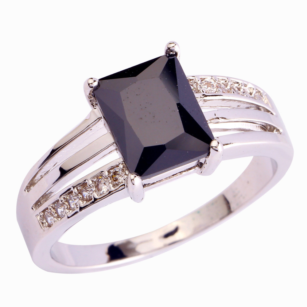 Wholesale Sexy Emerald Cut Hot Black Spinel White Sapphire 925 Silver Ring Size 6 7 8