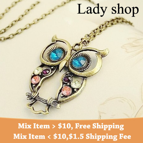 Free shipping hot Metal hollow pattern Colorful gem Cute owl pendant necklace High quality statement jewelry