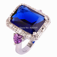 Wholesale Noble Unisex Jewelry Emerald Cut Sapphire Quartz & White Sapphire 925 Silver Ring Size 7 8 9 10 Free Shipping