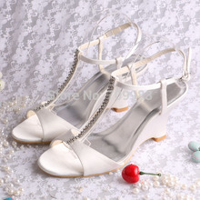 Custom Handmade T-Strap Summer Bridal Sandals Wedge Heel Woman Wedding Peep Toes with Crystal
