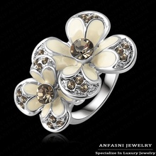 New White Enamel Ring Platinum Plating Flower Ring Silver Grey Color Austrian Crystal Ring With Genuine SWA Element