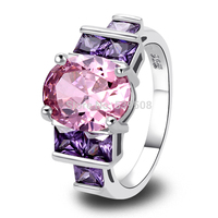 Wholesale Lovely Ring Looks Expensive Twinkling Oval Cut Pink Topaz & Amethyst 925 Silver Ring Size 9