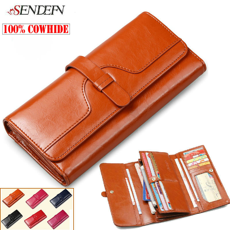 100 Oil Wax Cowhide Women s Wallets 2014 Retro Long Designer Brand Genuine Leather Purse Woman