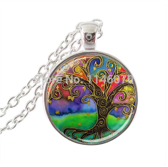 life tree pendant necklace new art tree glass cabochon long chain vintage jewelry women men necklace