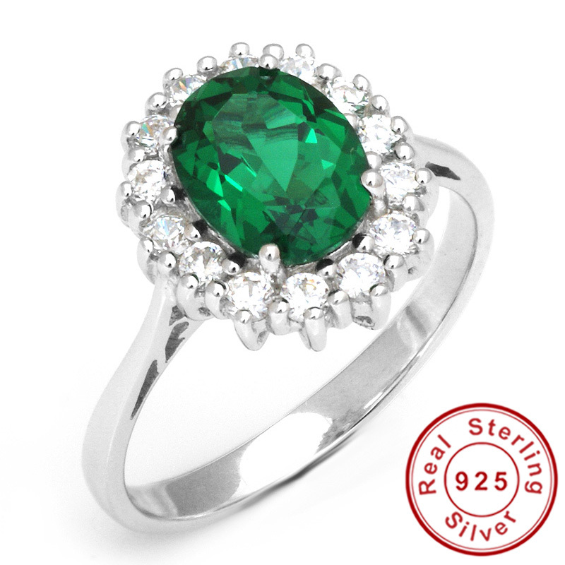 Green Nano Russian Emerald Princess Diana Engagement Wedding Ring For Women Solitaire Genuine 925 Sterling Silver
