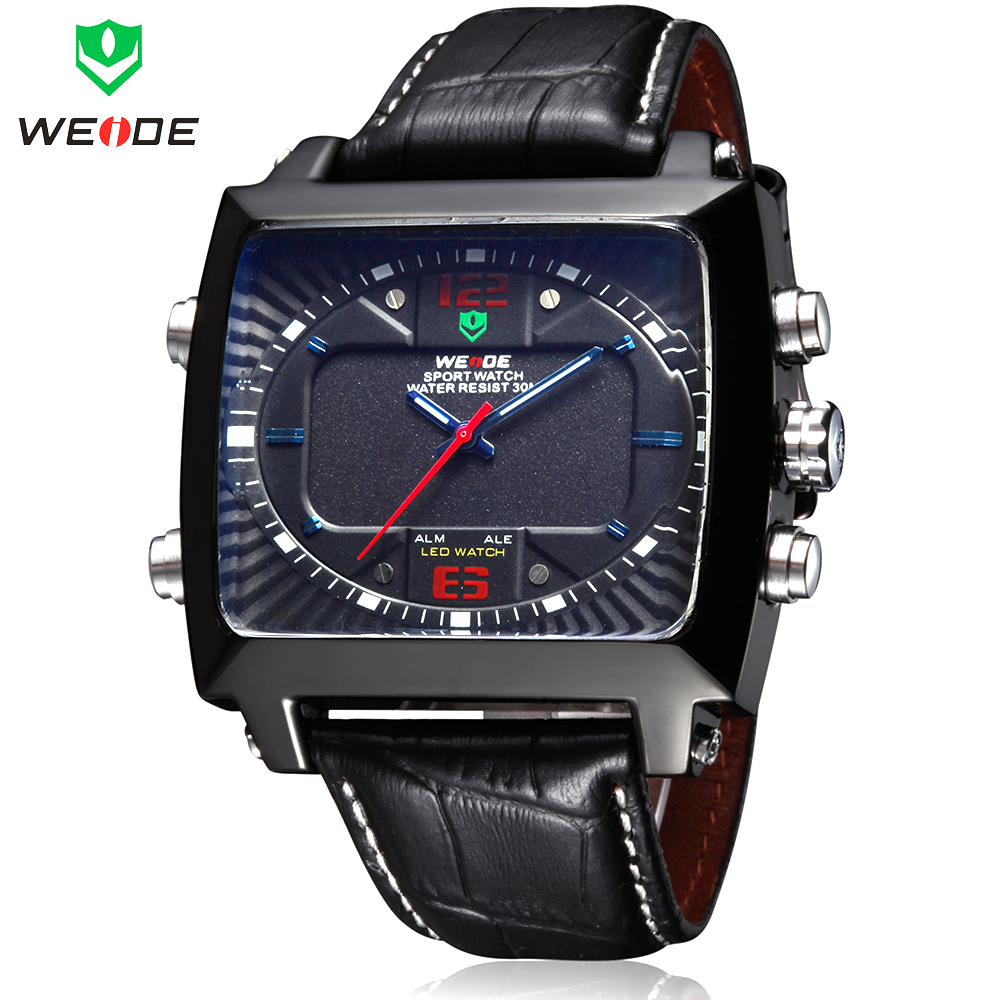 New WEIDE Military Army Leather Strap Japan Quartz Dual Time Analog LED Dual Time Date Day