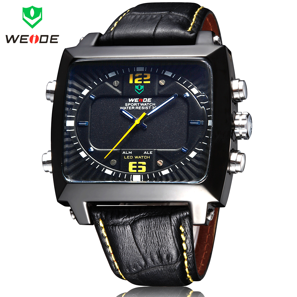 New WEIDE Military Army Leather Strap Japan Quartz Dual Time Analog LED Dual Time Date Day