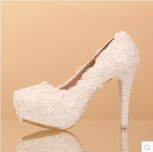 2015 women s fashion Sweet white flower lace platform high heels pearls wedding shoes bride dress